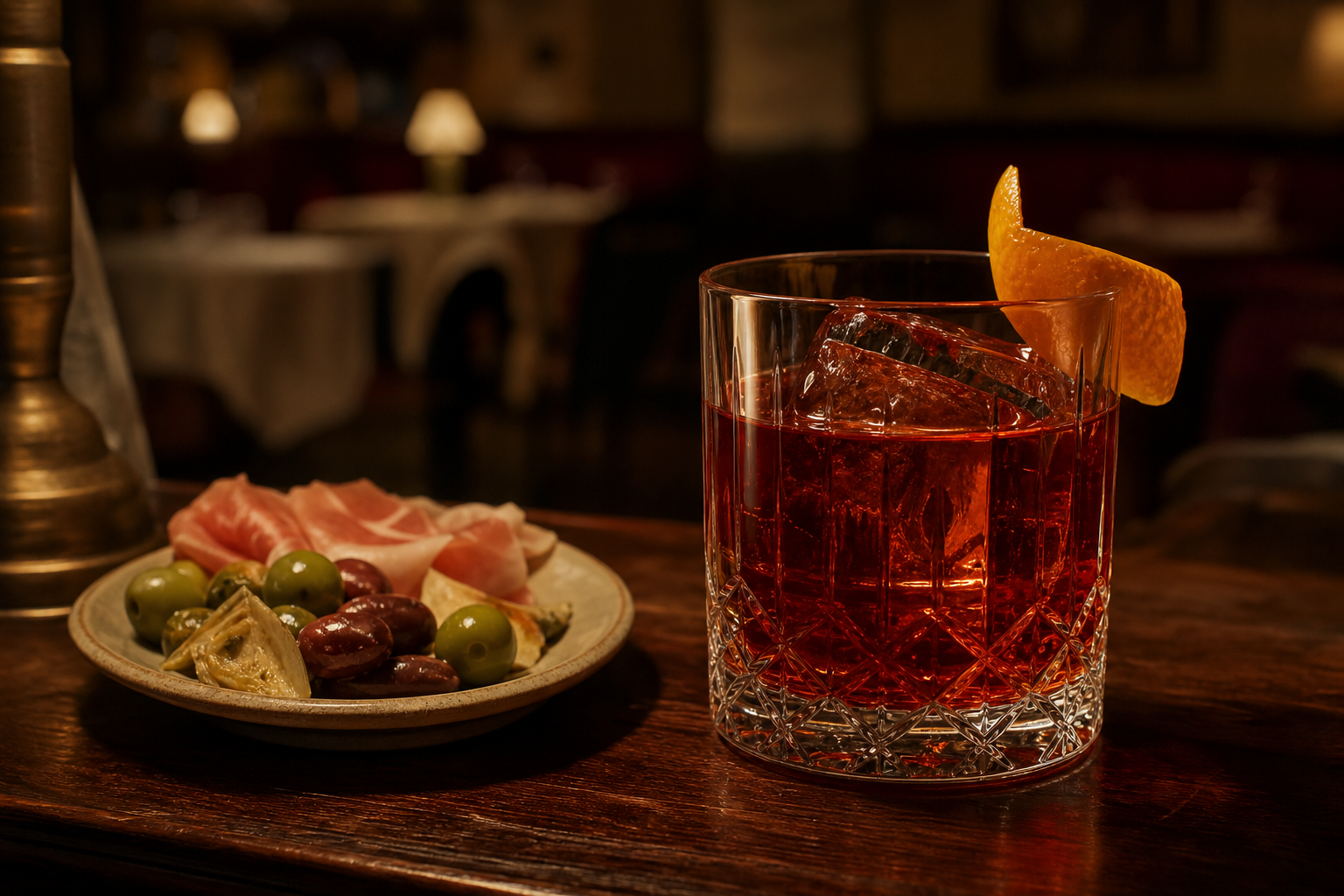 Negroni cocktail and Italian aperitivo plates at Tomato restaurant in Accra